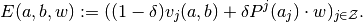 E(a,b,w):=((1-\delta)v_j(a,b)+\delta P^j(a_j)\cdot w)_{j\in \mathcal{Z}}.